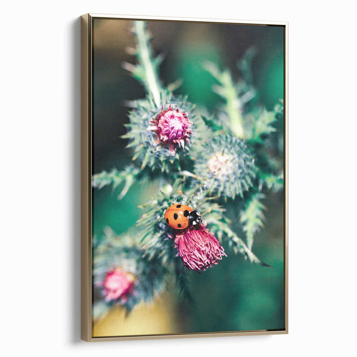 Framed canvas landscape painting of spring season in muted greens and golds, suitable for bedroom wall art.