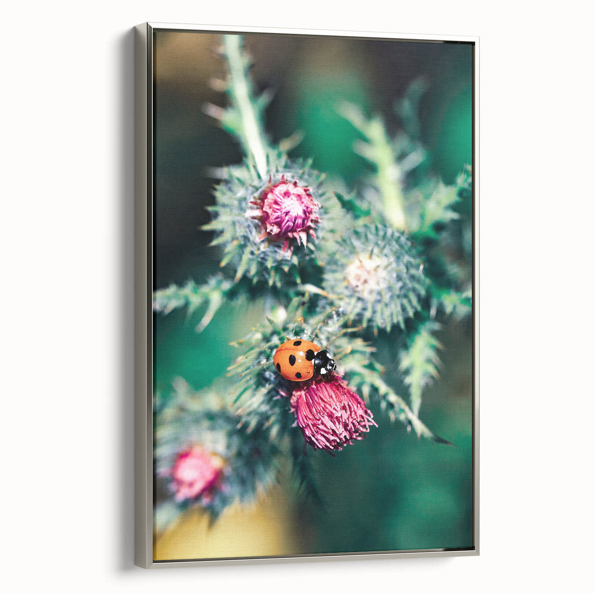Landscape art painting of spring season on framed canvas, featuring vibrant green and floral hues.