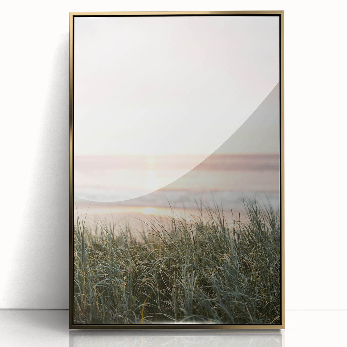 Mid-century modernist art depicting abstract summer motifs in warm gold tones, framed acrylic, ideal for nursery wall decor.