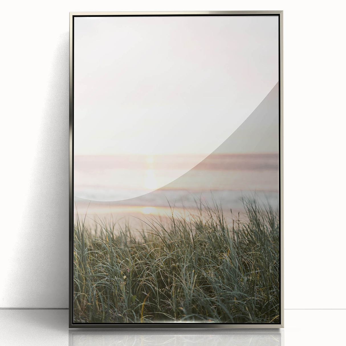Mid-century modernist art featuring abstract summer design in vibrant colors on a silver-framed acrylic print.