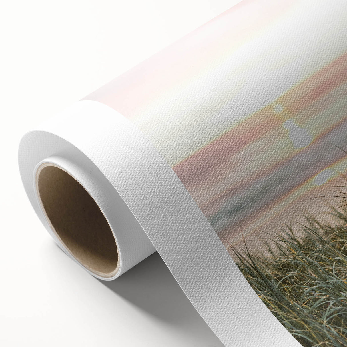 Art deco poster of a summer scene on rolled canvas, featuring soft pastel shades, ideal for nursery wall art.