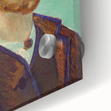 Mid-century modernist abstract design in vibrant blues and yellows on acrylic glass, suitable for dining room art.