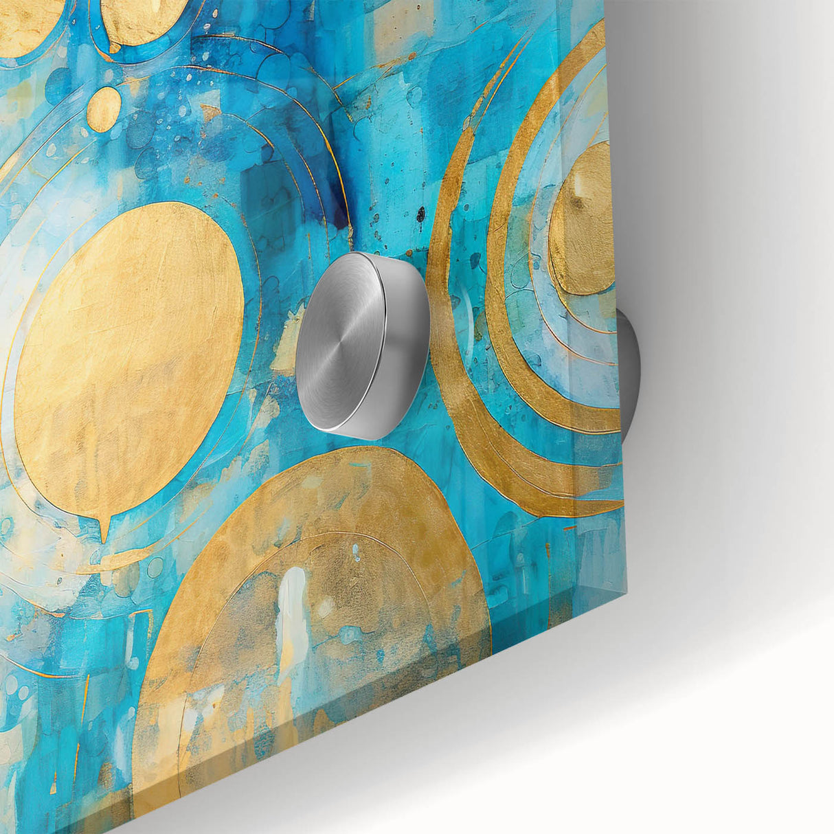 Abstract wall art print featuring vibrant strokes of blue, yellow, and pink on clear acrylic glass, showcasing a modern design ideal for contemporary decor.