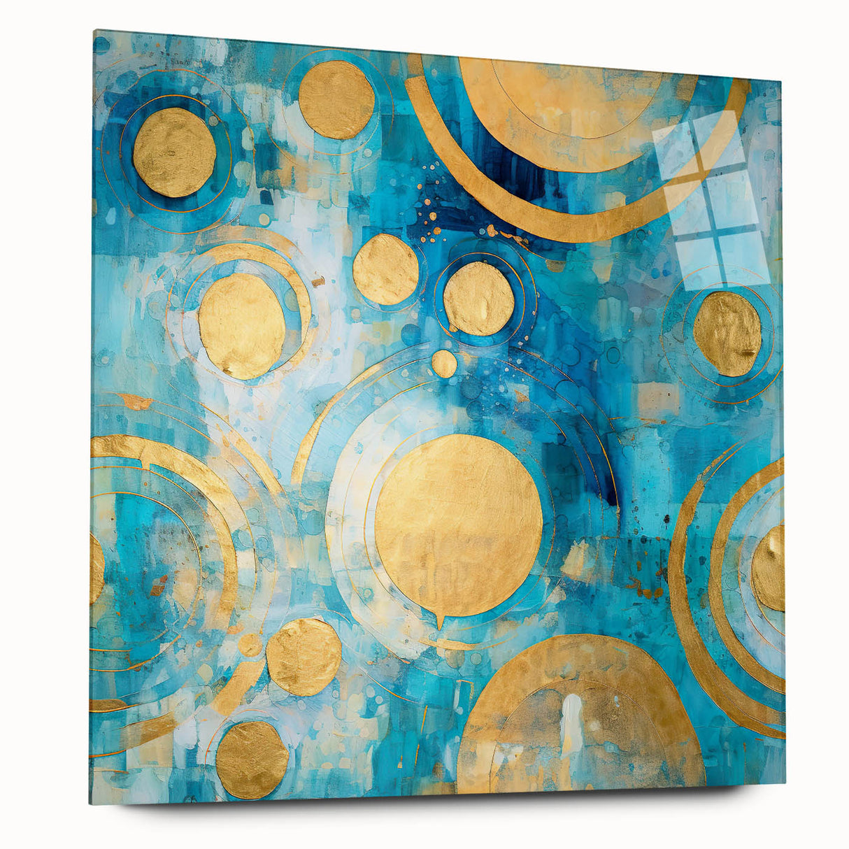 Abstract wall art featuring colorful strokes on acrylic glass, viewed from the side, showcasing its sleek design without visible pins, perfect for modern decor.