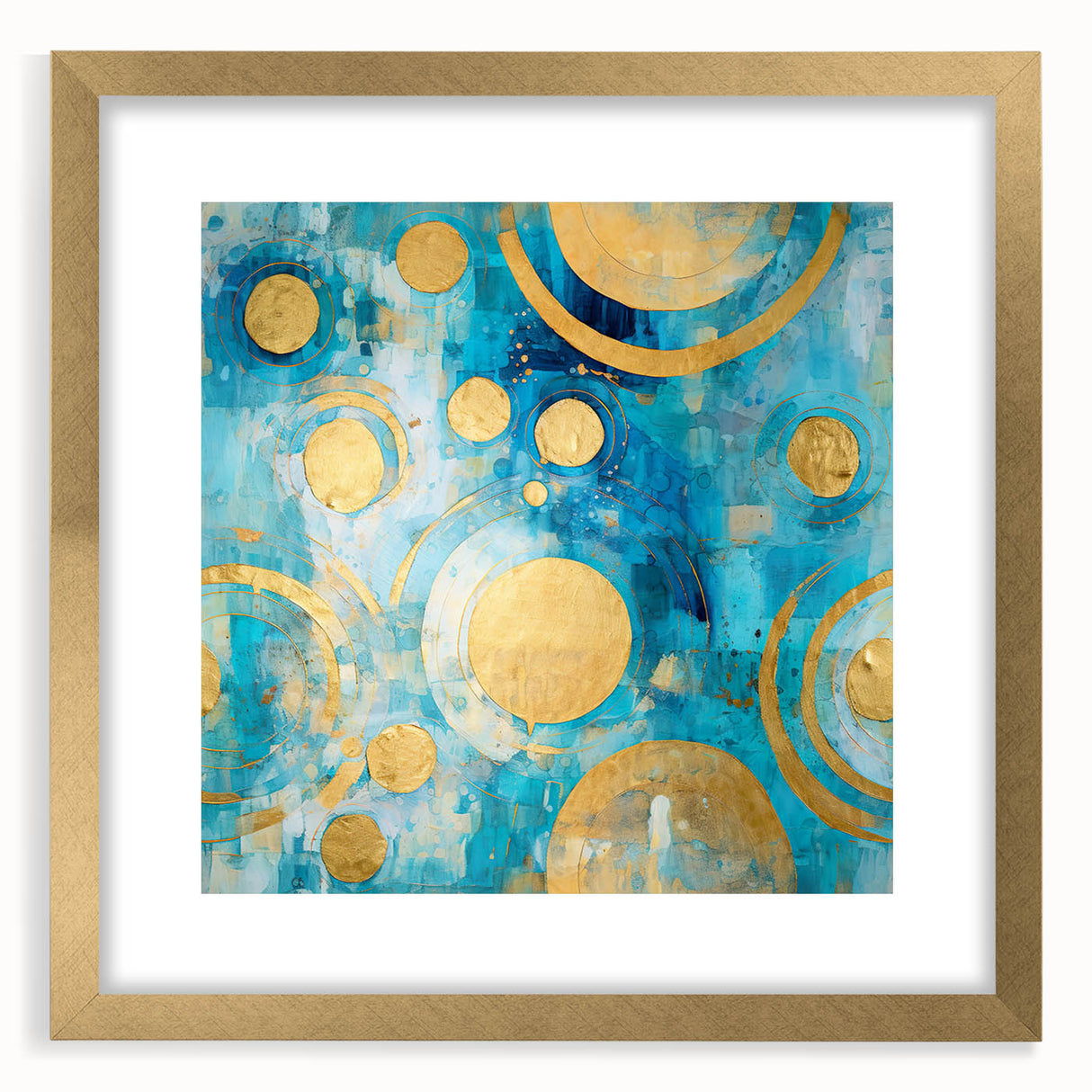 Abstract wall art featuring bold strokes in vibrant colors, framed with a sleek gold mat, ideal for modern home decor. Perfect for adding a stylish touch to any room.
