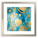 Abstract wall art design featuring vibrant strokes in shades of blue, gold, and silver, elegantly framed with a sleek silver mat, perfect for modern decor.
