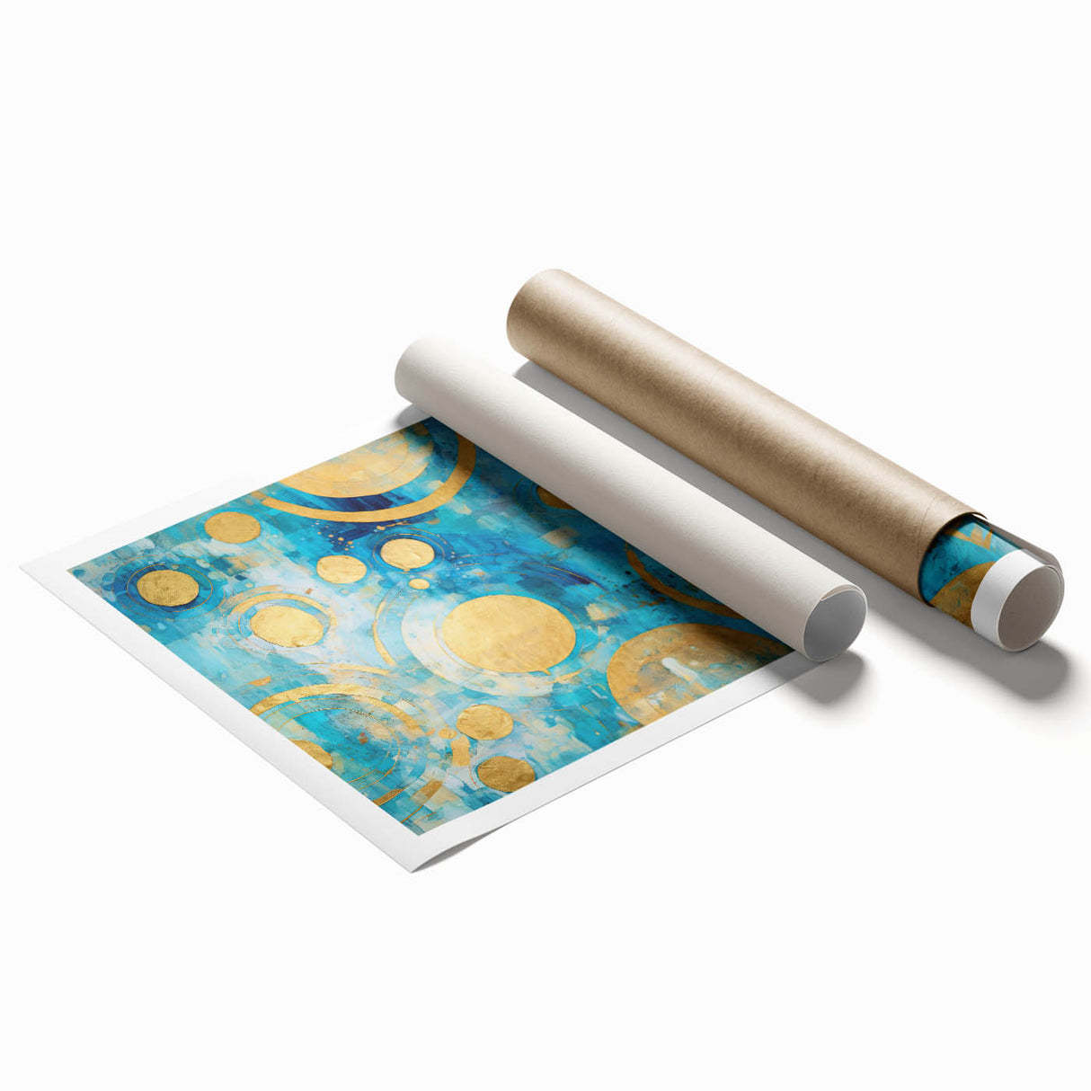 Abstract wall art print showcasing vibrant strokes in blue, orange, and yellow, elegantly rolled and ready for framing, perfect for modern decor.