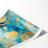 Abstract wall art print showcasing vibrant strokes in shades of blue, orange, and yellow, ideal for contemporary decor, rolled for easy framing and shipping.
