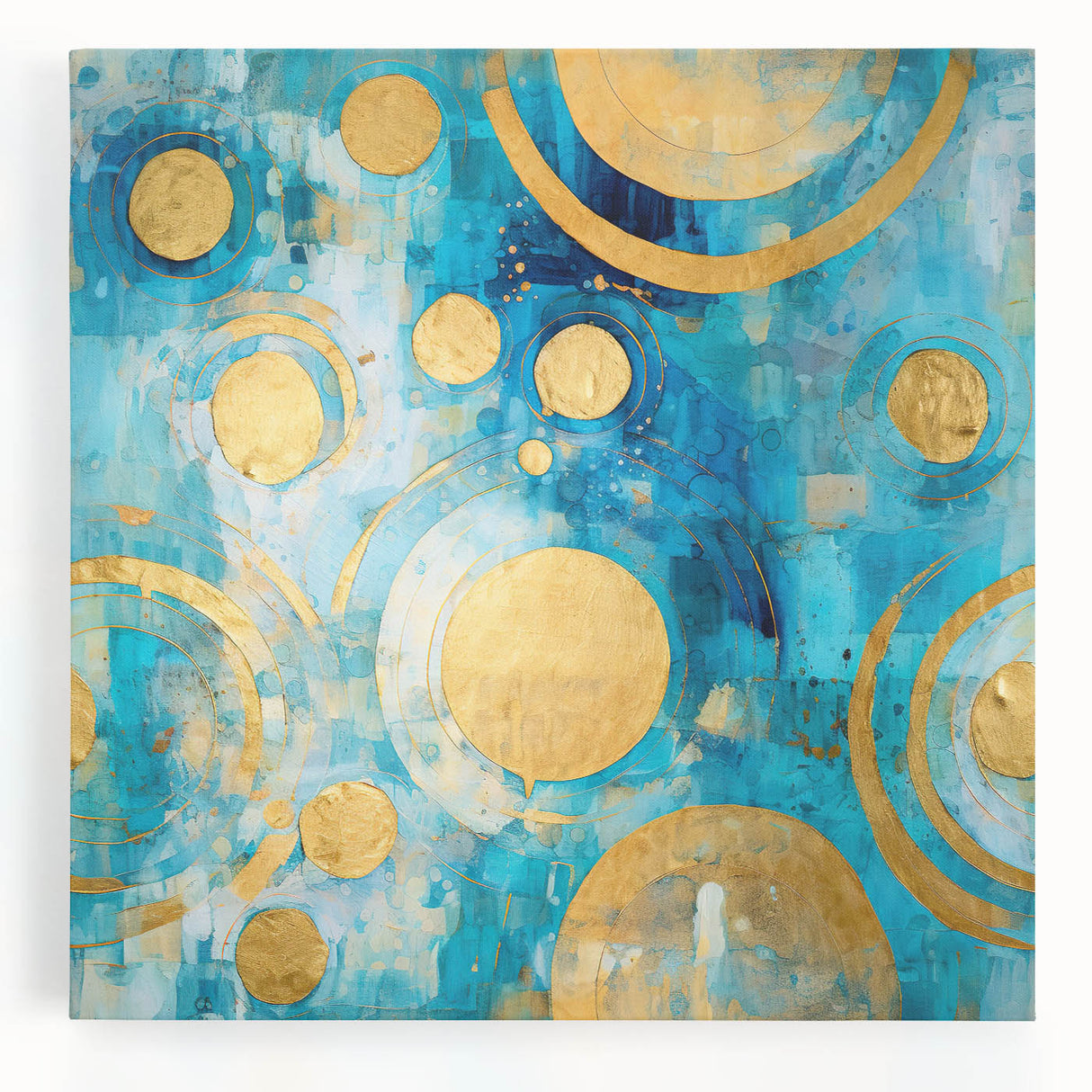 Abstract wall art featuring vibrant strokes in shades of blue, pink, and gold, printed on a stretched canvas, ideal for modern home decor and artistic interiors.