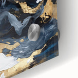 Close-up of vibrant abstract strokes wall art featuring a blend of blue, yellow, and pink colors on acrylic glass, ideal for modern home decor.