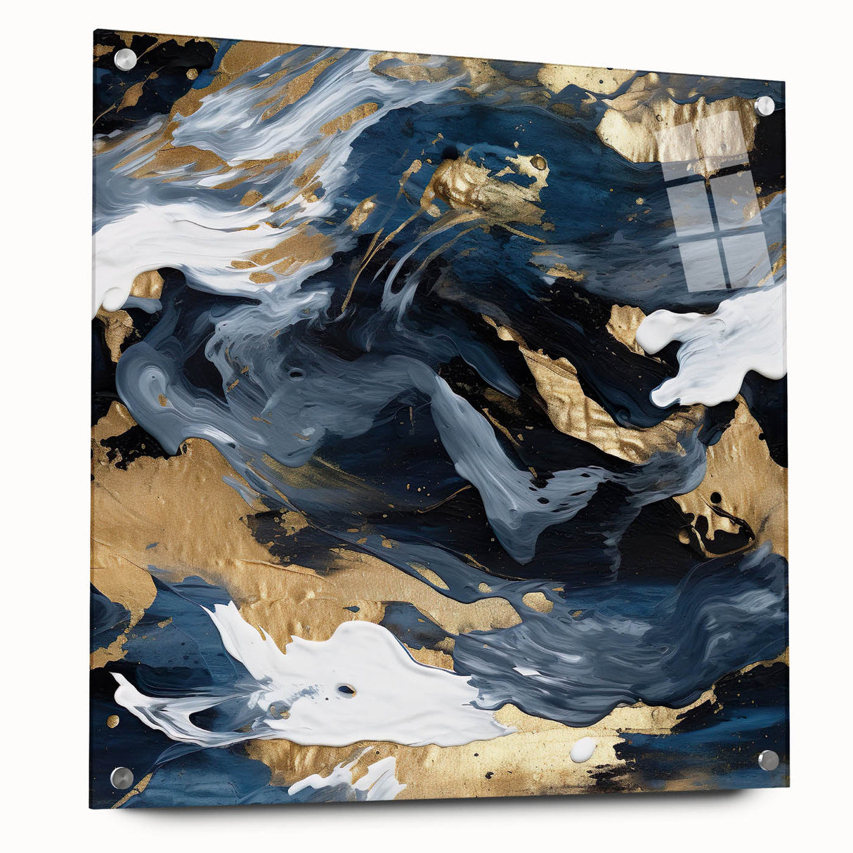 Abstract wall art featuring vibrant strokes in blue, yellow, and pink, displayed in a sleek acrylic glass frame with visible mounting pins, ideal for modern decor.
