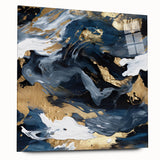 Abstract wall art featuring vibrant strokes in shades of blue, pink, and gold, displayed in a sleek acrylic frame, emphasizing modern artistic design.