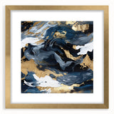 Abstract wall art print featuring vibrant strokes in shades of blue, gold, and white, elegantly framed with a mat, enhancing modern decor aesthetics.