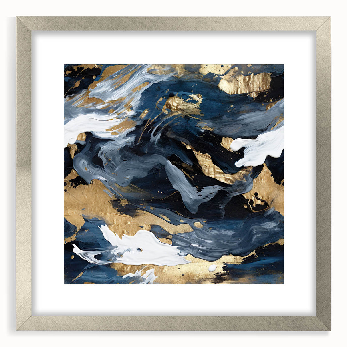 Abstract wall art featuring colorful strokes in vibrant blue, gold, and silver tones, elegantly framed with a silver mat, enhancing modern decor appeal.