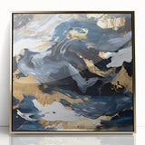 Framed abstract wall art featuring bold gold strokes on a white background, adding a contemporary touch to modern decor. Ideal for living rooms or offices.