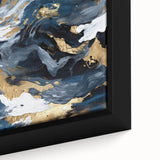 Framed canvas wall art showcasing vibrant abstract strokes in blue, orange, and gold hues, perfect for modern home decor and artistic statement pieces.