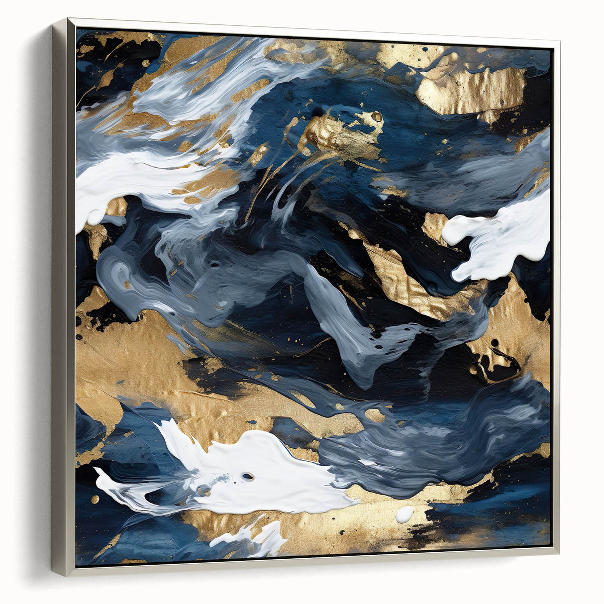 Framed abstract wall art showcasing dynamic silver strokes on a textured canvas, elegantly displayed from a side view, ideal for modern home decor.