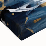 Abstract strokes wall art on stretched canvas showcasing vibrant colors of blue, yellow, and orange, perfect for modern home decor, displayed in a close-up view.