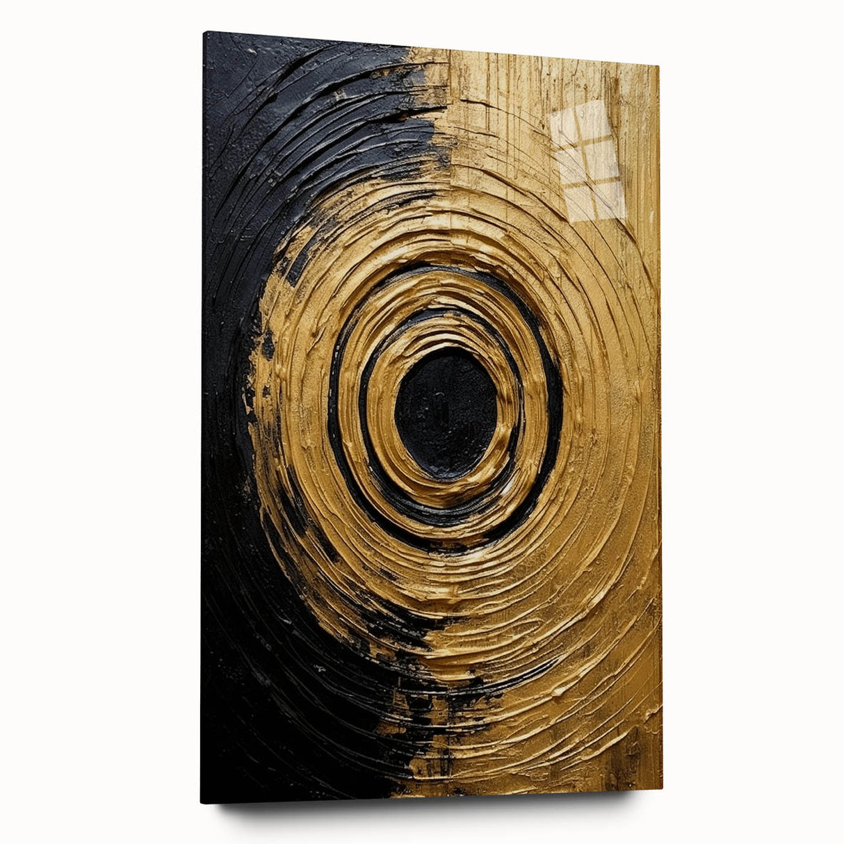 Abstract wall art featuring vibrant strokes in a colorful design, displayed in a sleek acrylic glass frame from a side view, showcasing its modern aesthetic and texture.