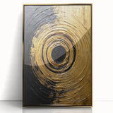 Framed abstract wall art featuring fluid gold strokes on a textured acrylic surface, set against a minimalist backdrop, perfect for modern home decor.
