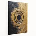 Abstract wall art canvas featuring vibrant strokes in shades of blue and gold, showcasing a modern design ideal for contemporary home decor. The canvas is stretched on a wooden frame, emphasizing its artistic depth and visual appeal.