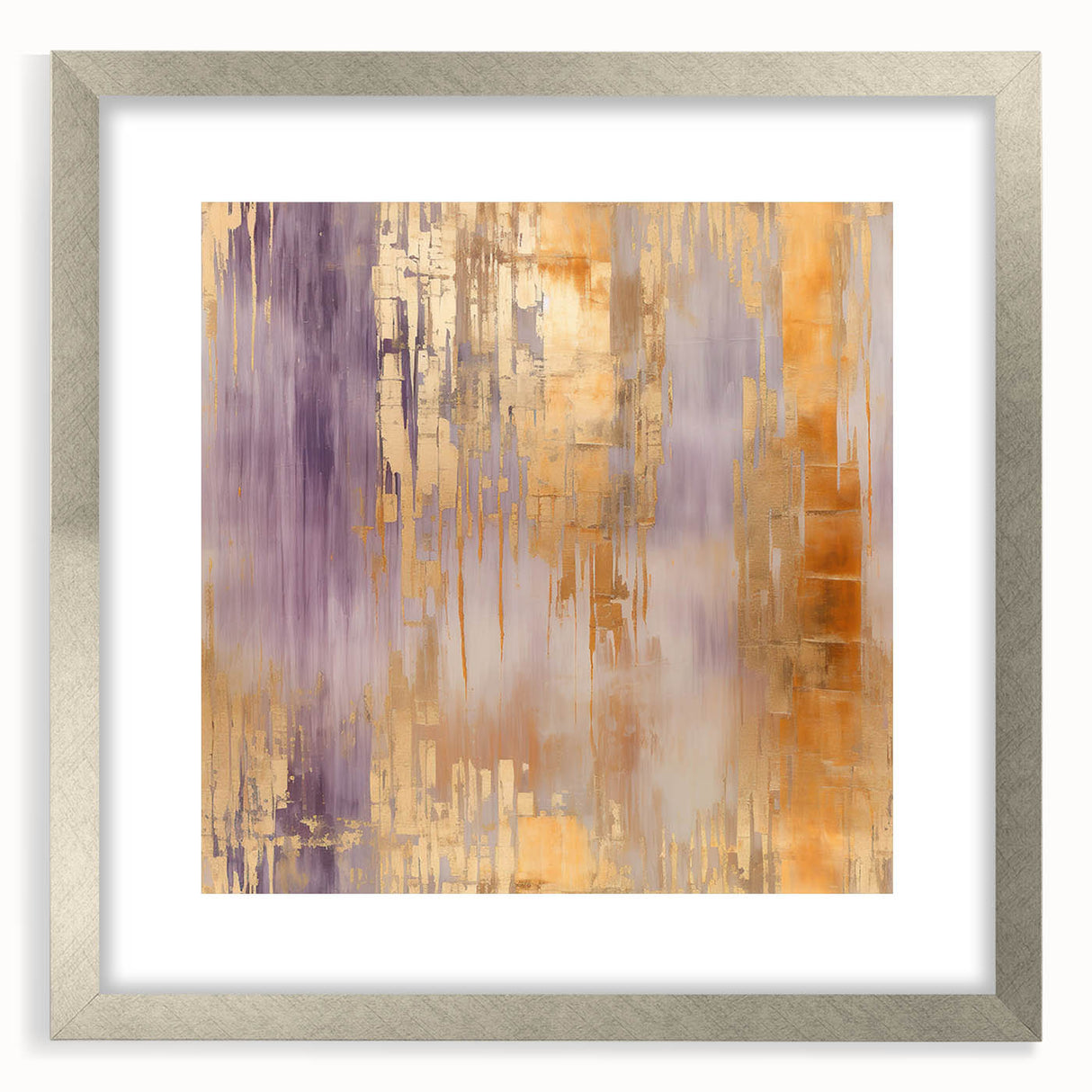 Abstract strokes wall art framed in silver with a mat, showcasing vibrant colors and unique patterns, perfect for modern home decor or office aesthetics.