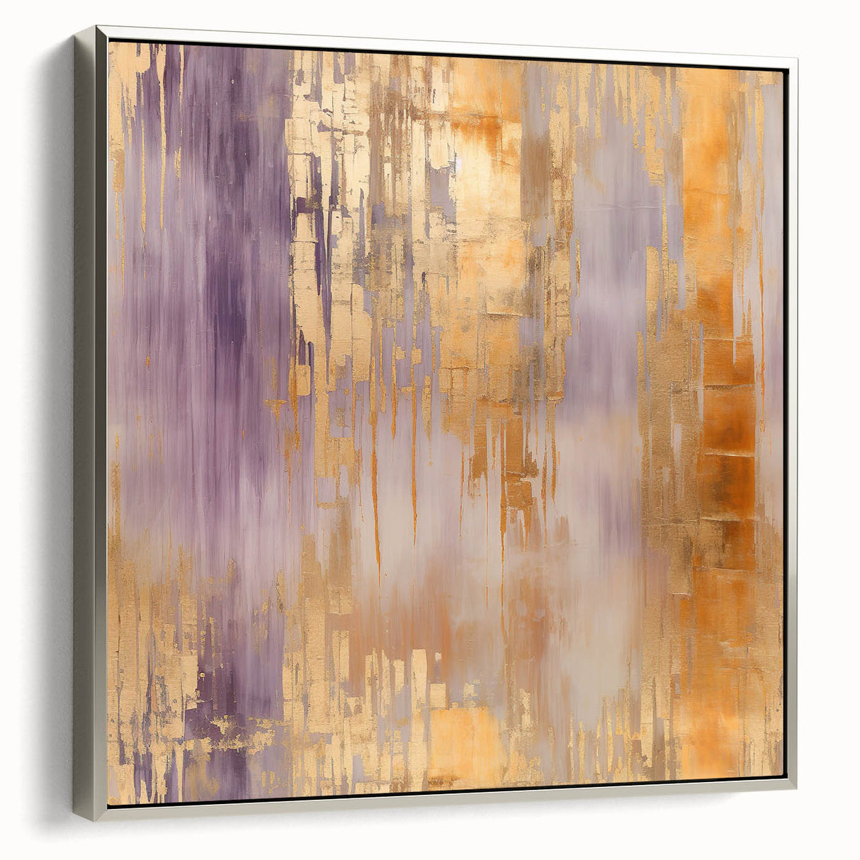 Framed abstract wall art featuring silver strokes on a textured canvas, showcasing a modern aesthetic for contemporary home decor, viewed from the side.