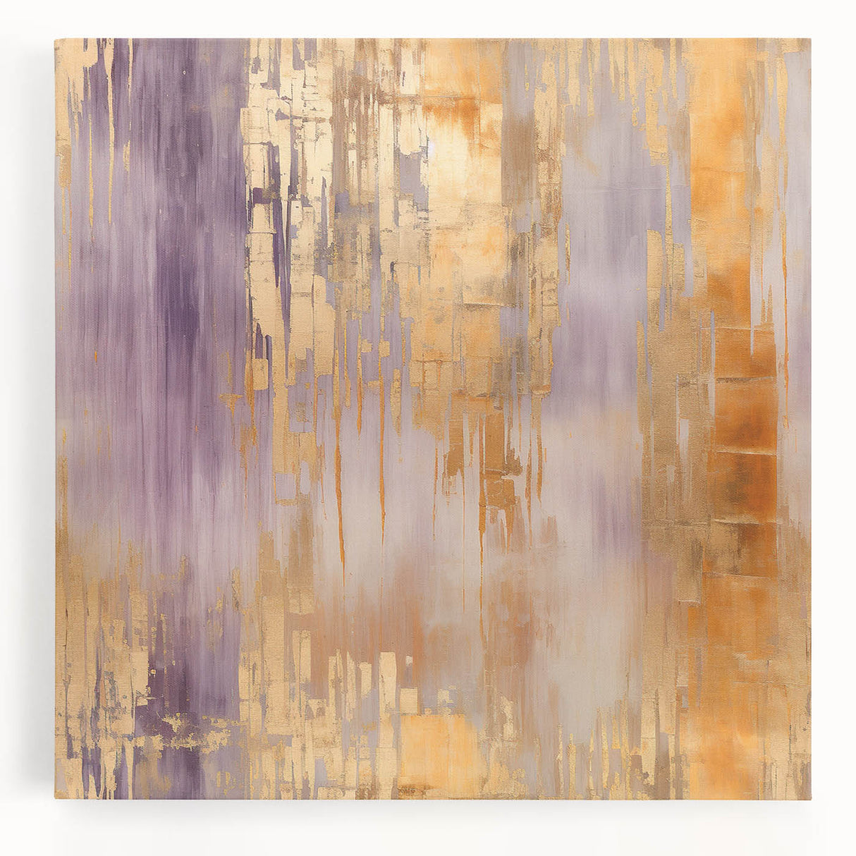 Abstract wall art featuring vibrant strokes in shades of blue, pink, and gold on a stretched canvas, perfect for modern home decor and artistic expression.