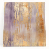 Abstract wall art on stretched canvas showcasing vibrant strokes of blue, orange, and yellow, leaning against a neutral wall, perfect for modern decor.