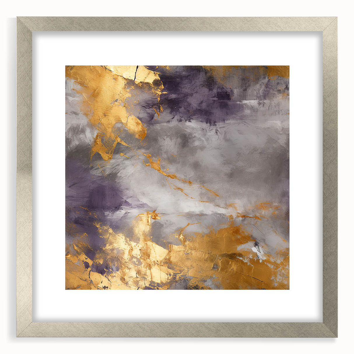 Abstract wall art featuring dynamic strokes in a silver frame with a mat. The modern design adds elegance to any room, perfect for contemporary decor enthusiasts.