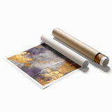 Abstract wall art print showcasing vibrant strokes in shades of blue, orange, and yellow. Ideal for modern decor, it’s rolled for easy shipping and display.