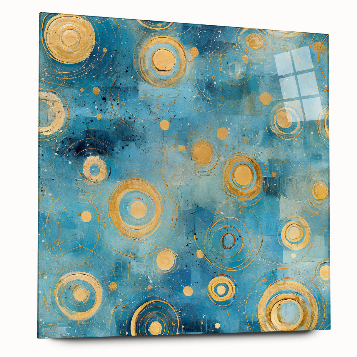 Abstract strokes wall art displayed on acrylic glass, showcasing vibrant colors and dynamic patterns, perfect for modern home decor. Side view highlights the sleek design.