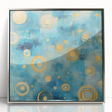 Framed abstract strokes wall art with silver acrylic frame, showcasing a modern design in shades of blue and gold, perfect for contemporary home decor.