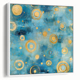 Framed canvas wall art showcasing an abstract design with colorful strokes in shades of blue, pink, and gold, set against a white background. Ideal for modern home decor.