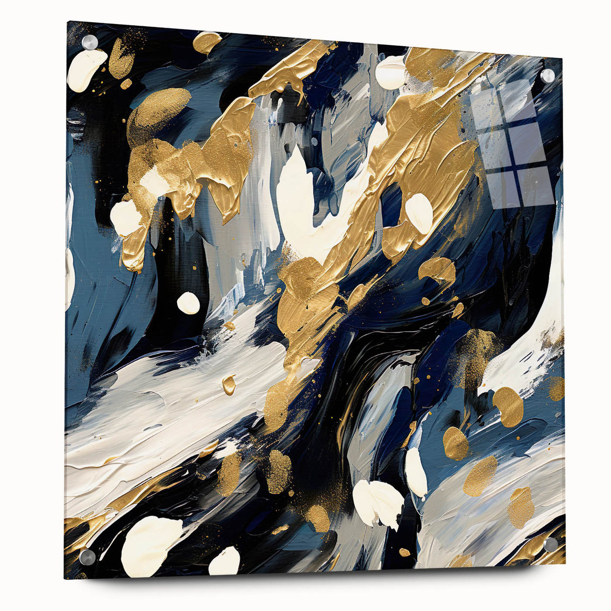 Abstract strokes wall art displayed in an acrylic glass frame, showcasing vibrant colors and dynamic patterns, perfect for modern home decor.