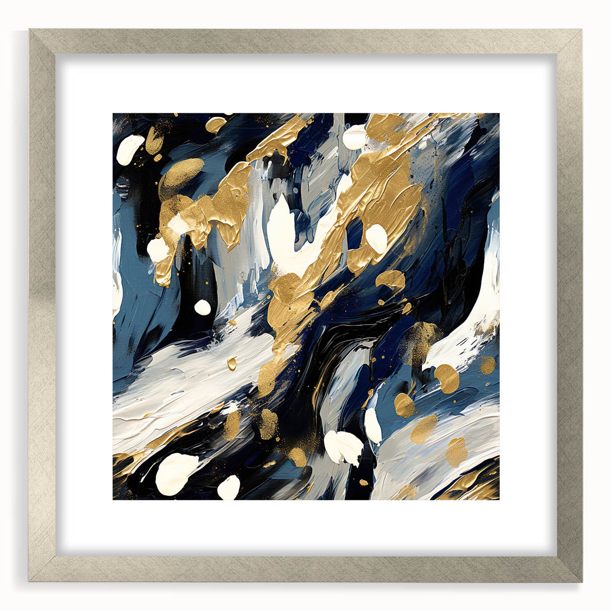 Abstract wall art featuring bold strokes in vibrant colors, framed with a silver mat, showcasing a modern aesthetic perfect for contemporary home decor.