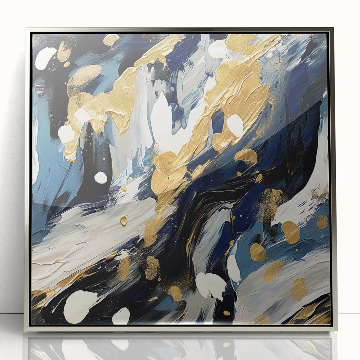Framed abstract wall art featuring dynamic silver strokes on a white background, adding a modern touch to home decor. Perfect for contemporary interiors.