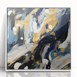 Framed abstract wall art featuring colorful strokes in vibrant hues of blue, orange, and yellow, designed to enhance modern living spaces with contemporary flair.