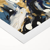 Abstract wall art on rolled canvas showcasing vibrant strokes in shades of blue, orange, and gold, ideal for modern home decor or gallery display.