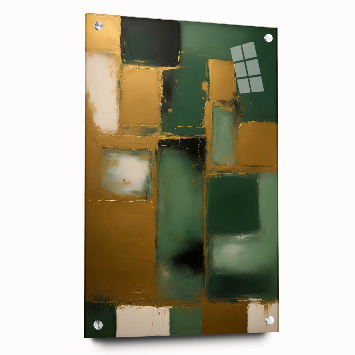 Abstract wall art featuring colorful acrylic strokes on glass, showcasing a side view with stylish mounting pins. Perfect for modern home decor.