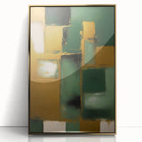 Framed wall art featuring abstract gold strokes on a white background, adding a modern touch to any decor. Ideal for home or office spaces.
