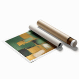 Abstract wall art print featuring vibrant strokes in shades of blue, orange, and green, rolled for easy transport and display, perfect for modern home decor.