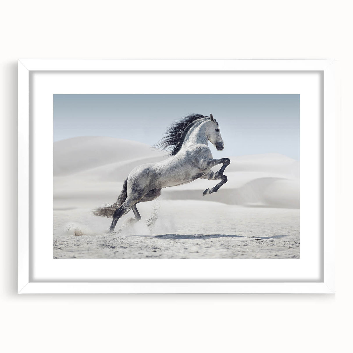 White-framed wall art collection featuring a landscape design with a mat, showcasing a modern aesthetic suitable for home decor. The frame is front-facing, highlighting its elegant style and versatility in various interior settings, perfect for adding a touch of sophistication to any room.