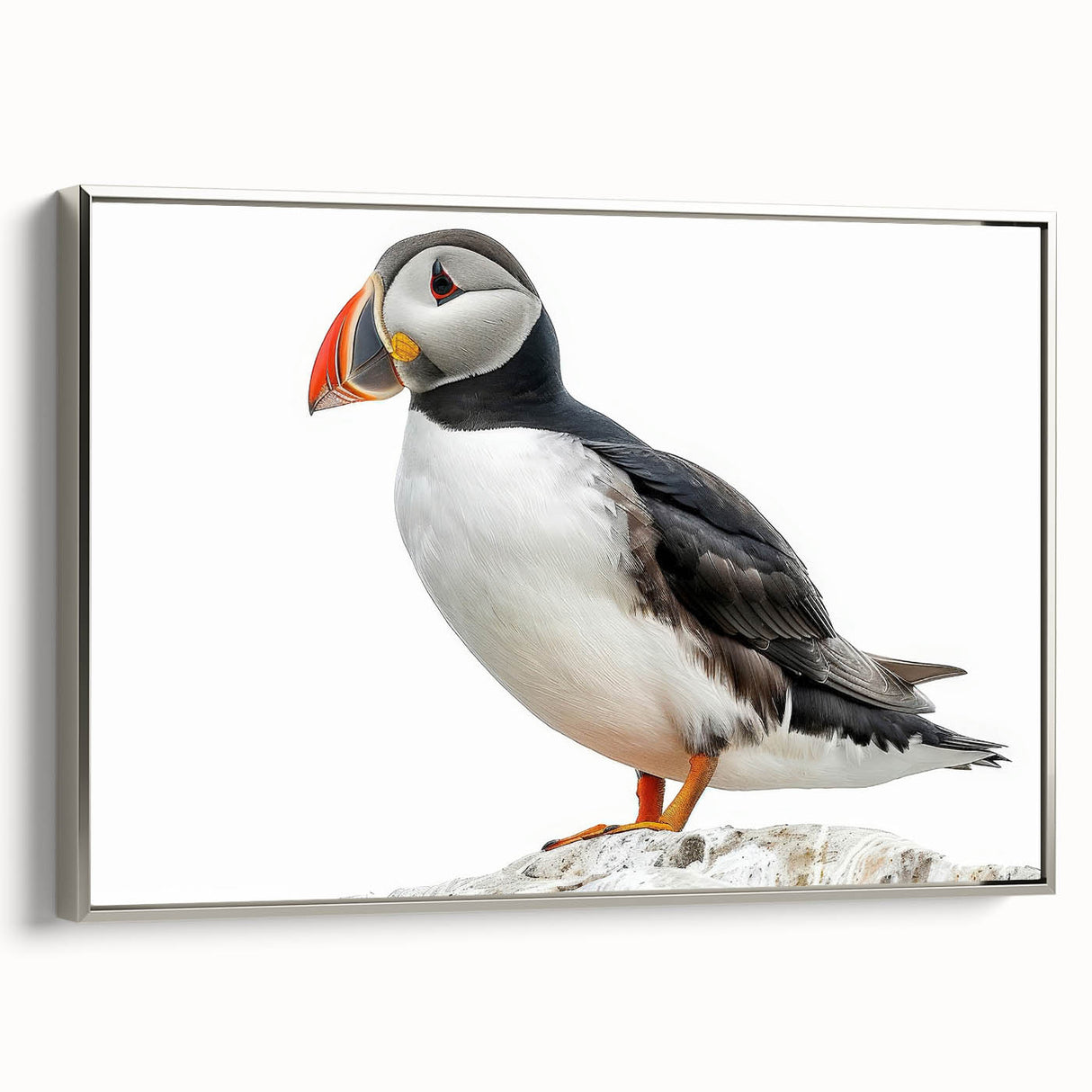 Framed canvas wall art featuring a modern abstract design with silver accents, displayed from a side view to highlight its sleek profile and elegant finish.