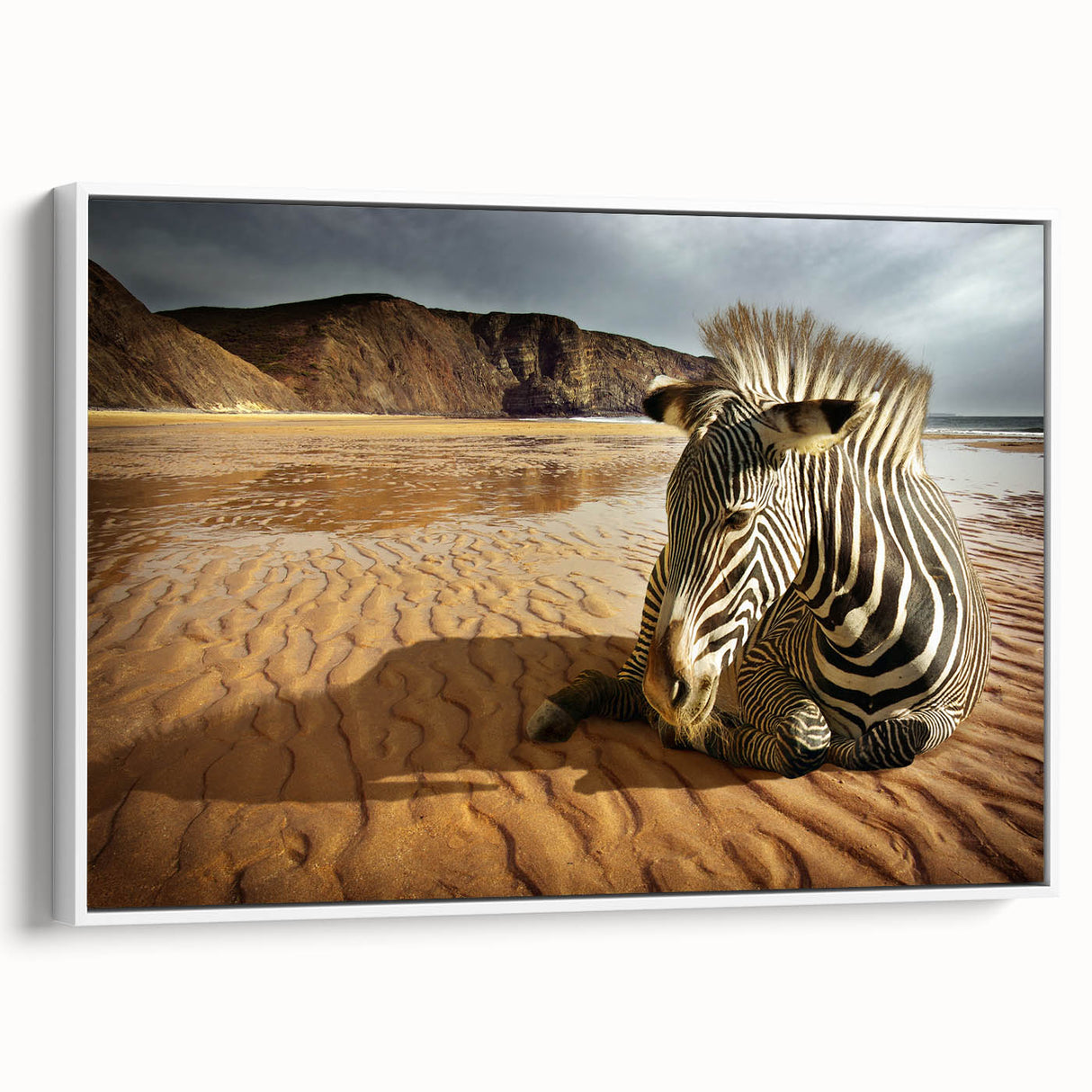 Framed canvas wall art showcasing a contemporary design with vibrant colors, displayed in a white frame against a neutral backdrop, perfect for modern home decor.