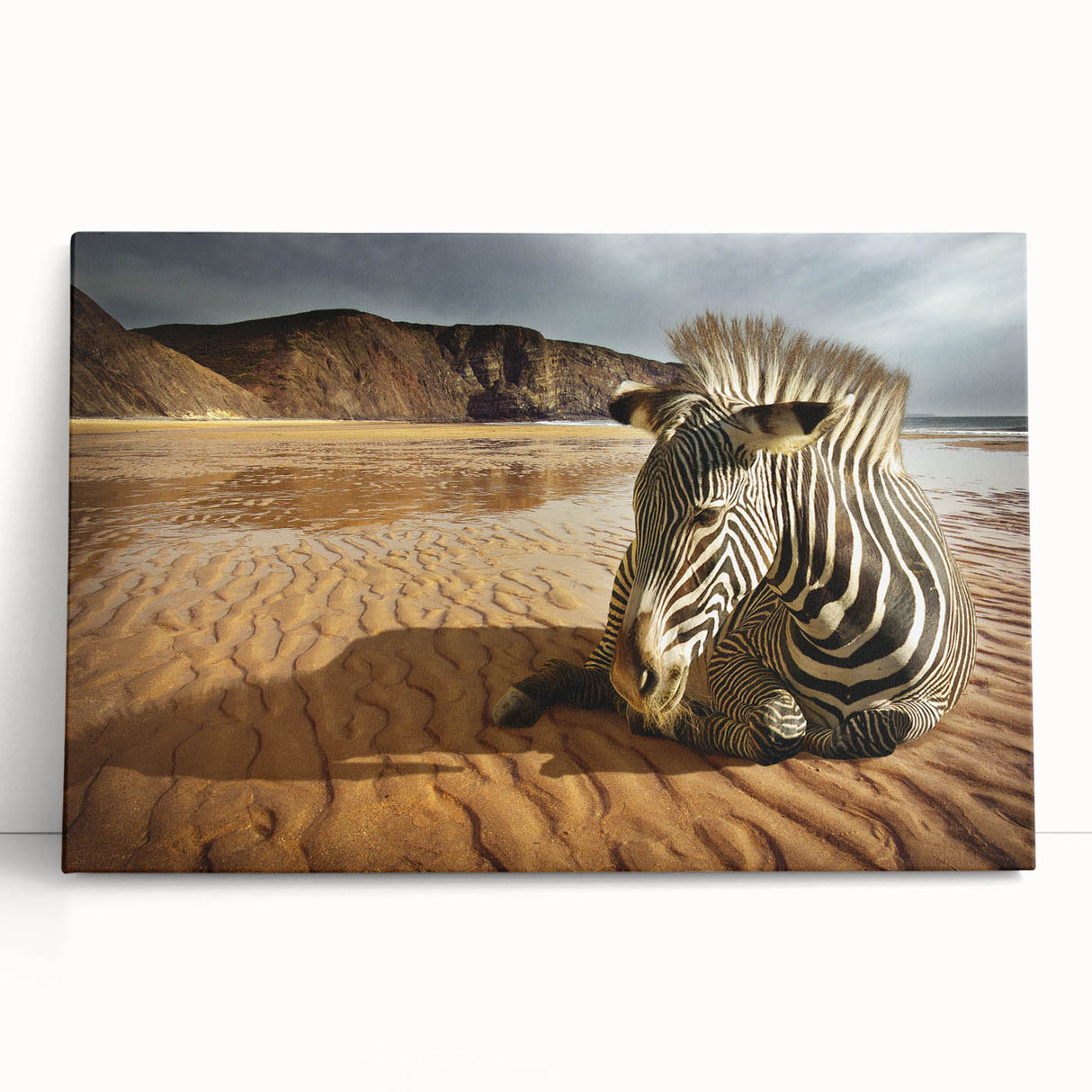 Stretched canvas wall art showcasing a modern abstract design in vibrant colors, leaning against a neutral wall, ideal for contemporary home decor.