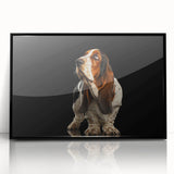 Framed wall art featuring a Basset Hound design, showcasing a black acrylic frame and vibrant colors, ideal for dog lovers and home decor enthusiasts.
