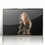Framed wall art featuring a striking Basset Hound design in a sleek silver frame, showcasing vibrant colors and intricate details, perfect for dog lovers' decor.