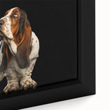 Close-up of a framed canvas wall art featuring a Basset Hound design, showcasing the dog's expressive features and warm colors, ideal for dog lovers' home decor.