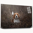 Basset Hound wall art design in acrylic glass, showcasing a side view with vibrant colors and unique pin accents, ideal for dog lovers and home decor enthusiasts.